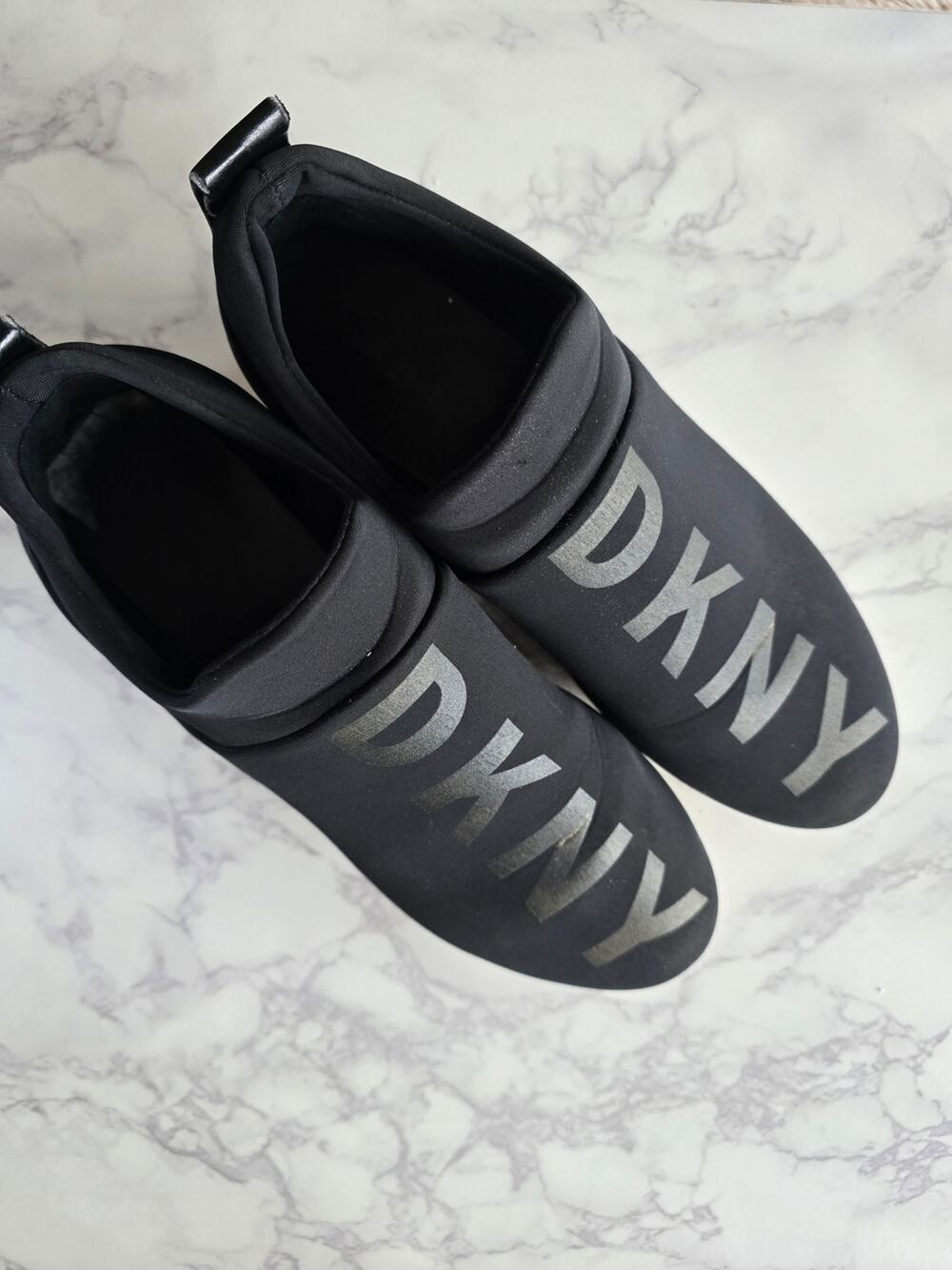 DKNY Black Slip-On Sneakers with Silver Logo Print